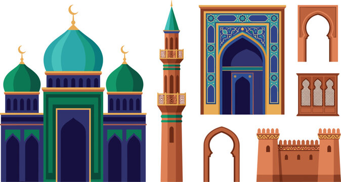 Islamic architecture vector illustration set featuring mosque building with green domes minaret tower traditional Arabic archways and fortress walls element collection.