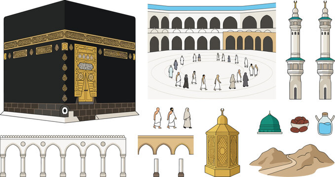 Islamic Hajj and Umrah pilgrimage vector illustration set featuring holy Kaaba Masjid al Haram pilgrims minarets Maqam Ibrahim and Safa Marwa hills.