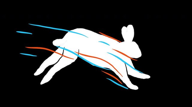 Dynamic 2D animation of white running rabbit with colorful red and blue speed lines trailing behind. High-energy motion graphics clip representing extreme speed, fast delivery, progress, agility