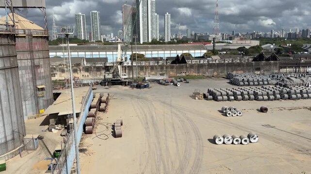 industrial zone in port. storage of steel coils.