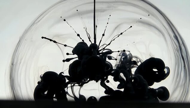 Creative 4K slow-motion fluid art video showing dense black ink diffusing organically into pure water expanding into surreal cloud-like shapes against a stark white backdrop