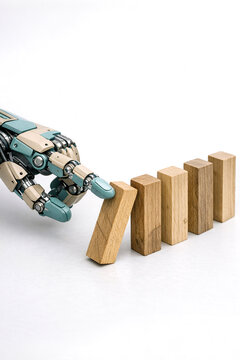 A robotic hand interacting with wooden jenga blocks.