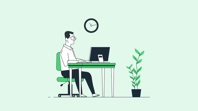 Diligent office worker typing on computer at desk in animated motion clip showcasing daily professional productivity and corporate routine lifestyle