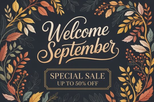 Black floral background, with "welcome september", text and "special, sale up to, 50% off" banner, black background