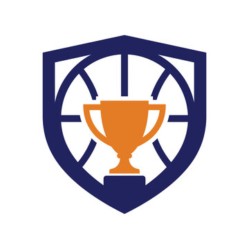 Basketball shield logo with gold trophy cup emblem icon