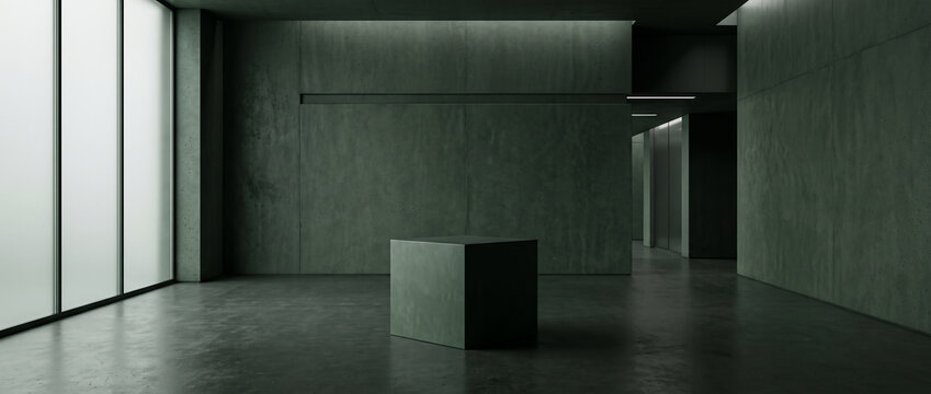 Minimal geometric presentation, square podium, green concrete walls, clean architectural lines, minimalist futuristic interior, spacious composition for product presentation. Close-up.
