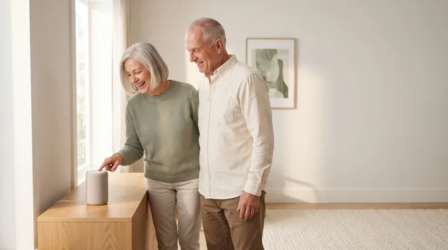 Cheerful senior couple configures smart speaker device inside modern bright living room