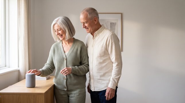 Smiling older couple testing new smart home audio speaker near bright window