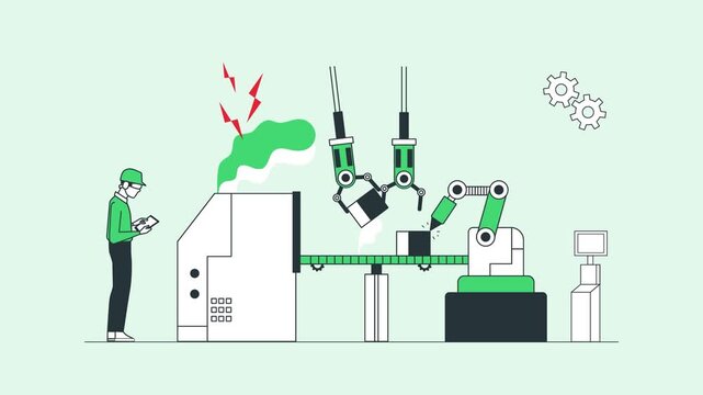 Automated industrial manufacturing factory animation showing mechanical robotic arms working on production line process with digital controller tablet technician oversight