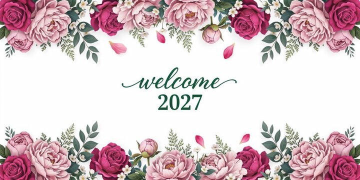 Floral wreath with pink peonies and green foliage framing "welcome 2027" text in cursive text