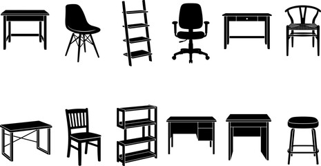 Fototapeta premium Set of black silhouettes of various office and home furniture items including desks, chairs, shelves, and stools