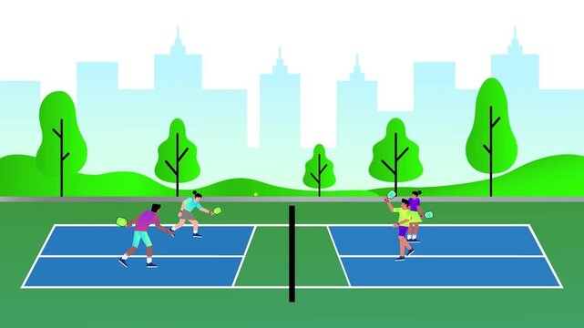 Pickleball players moving across a city park court in this dynamic flat vector animation footage showcasing intense urban sports action