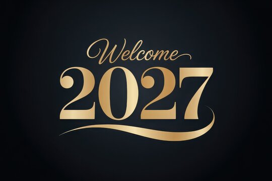 Minimalist gold typography celebrating the year 2027 with "welcome" text on dark background, welcome text