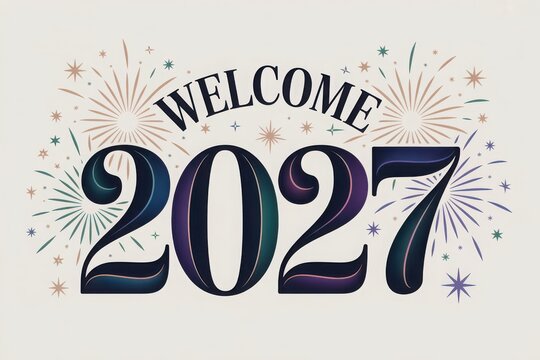 Modern new year 2027 celebration with gold stars and welcome text typography