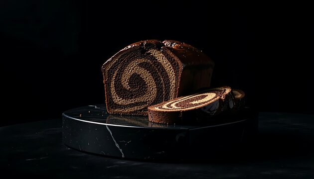 Delicious homemade marble cake with chocolate swirl sliced on a dark background
