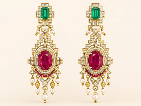 Gold chandelier earrings with emerald and ruby gemstone details