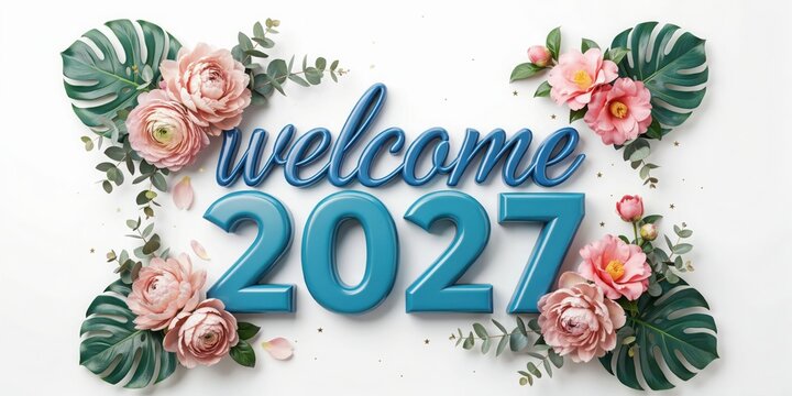 Floral wreath with "welcome 2027" text in soft pastel colors welcome text roses