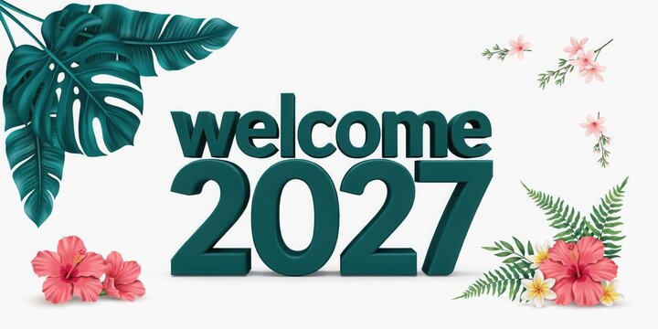 Tropical floral wreath with "welcome 2027" text in turquoise and green, featuring hibiscus, ferns, and monstera leaves