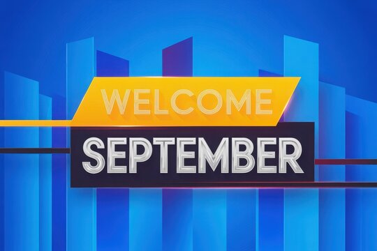 Vibrant welcome sign for september in bold orange and blue style orange text blue background