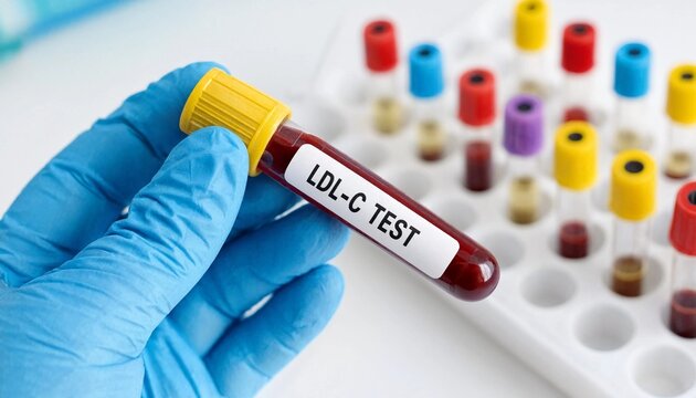Laboratory technician holding a blood sample tube for ldlc cholesterol testing in a clinical medical diagnostic facility