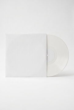 Minimal vinyl record mockup with plain blank white sleeve, clean white vinyl record with completely unprinted center label, isolated on white backdrop. Close-up.