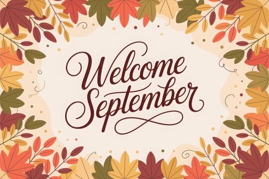 Warm welcome greeting with autumn leaves and september text in script maple leaves oak leaves