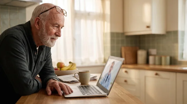 Active senior man managing health via online video call with doctor on laptop