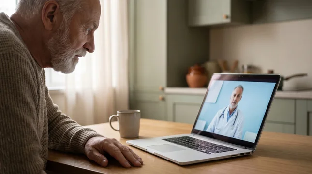 Senior man consulting male doctor online via video call on laptop in home kitchen