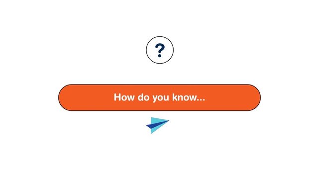 Digital animation footage showing a blue paper airplane flying across a flat white background towards an orange question text box