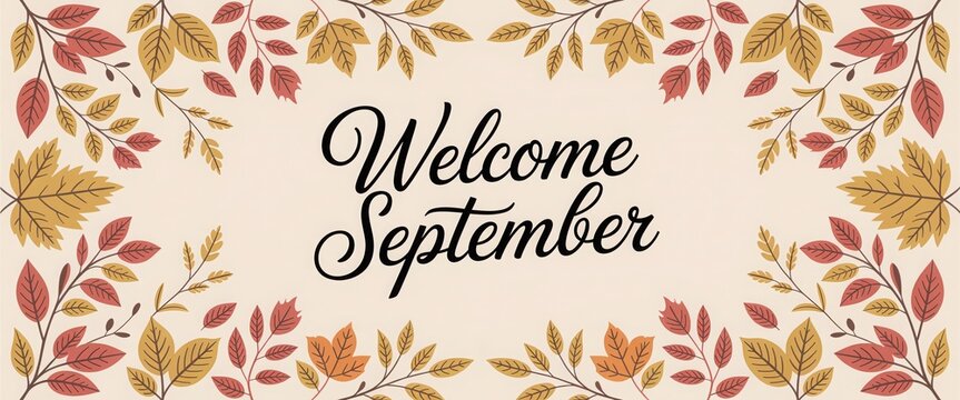 Warm-toned botanical border with "welcome september" text in serif font wheat stalks wheat grains
