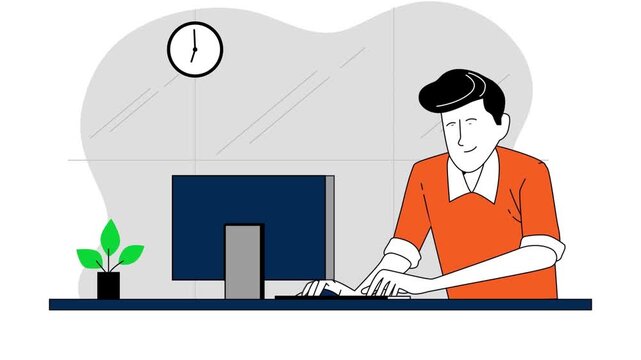 Professional man typing on computer keyboard in modern office setting while working diligently on animation video project for business growth