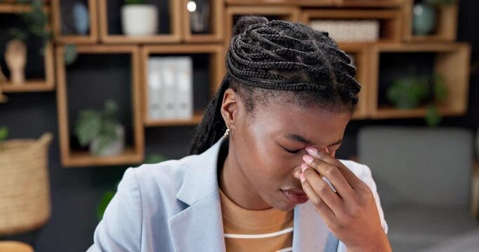 Business, computer or black woman with headache for eye strain, stress or administration in office. Female person, admin mistake or migraine with technology for online report or backlog in workplace