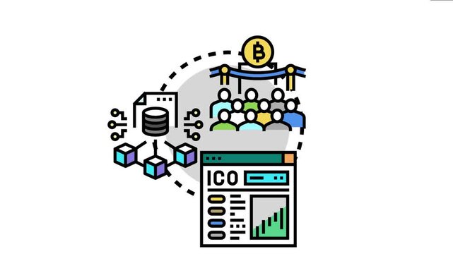 Digital artwork concept showing a decentralized blockchain system, cryptocurrency investment, and public listing, representing an initial coin or nft offering process