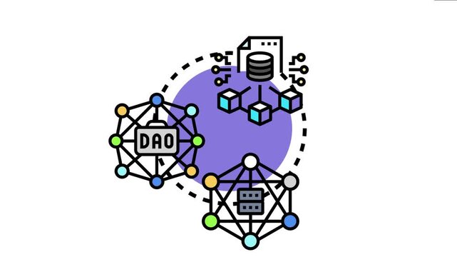 Blockchain technology concept a distributed ledger network connecting data blocks, a server database, and decentralized autonomous organizations across a digital infrastructure