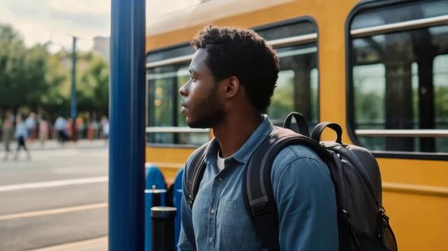 Young man with backpack waiting at bus stop on city street near yellow bus