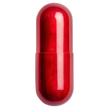 Red glossy capsule pill isolated on white studio background, concept of health and medicine
