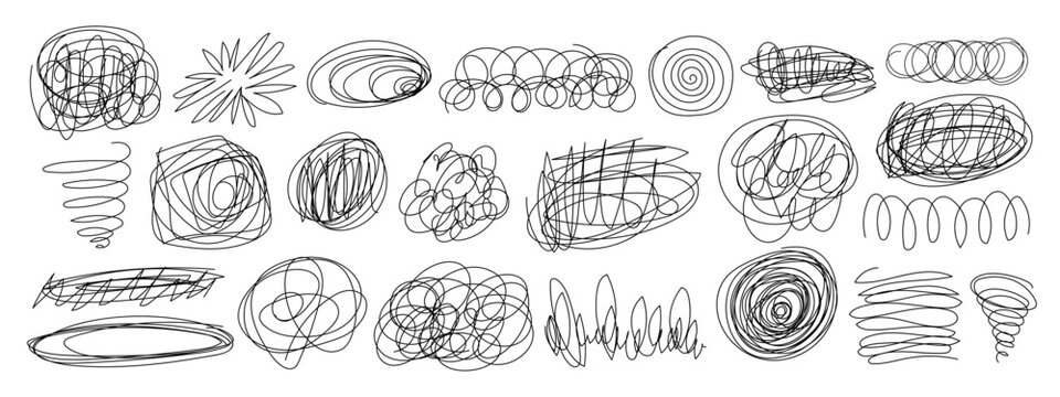 Messy pen doodles and scribbles create chaotic hand-drawn lines vector illustration set. Perfect notebook design, journal frames, creative graphic element authentic handwritten texture collection.