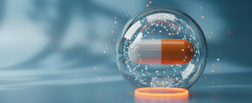 A medical capsule inside a glowing glass sphere with digital network connections. Ideal for pharmaceutical technology and biotechnology research concepts.
