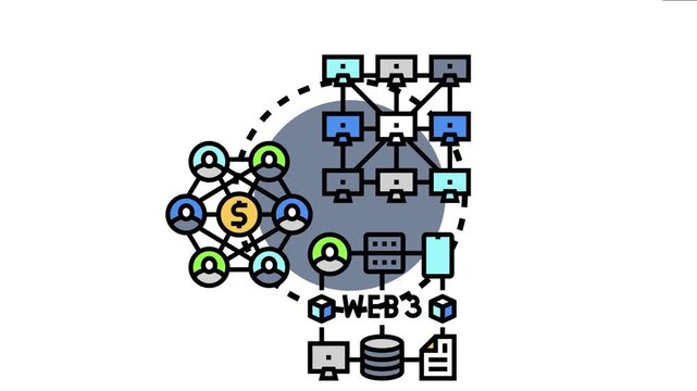 Blockchain technology enabling decentralized governance, with a network of users participating in a distributed system, supporting modern internet infrastructure and digital economic structures