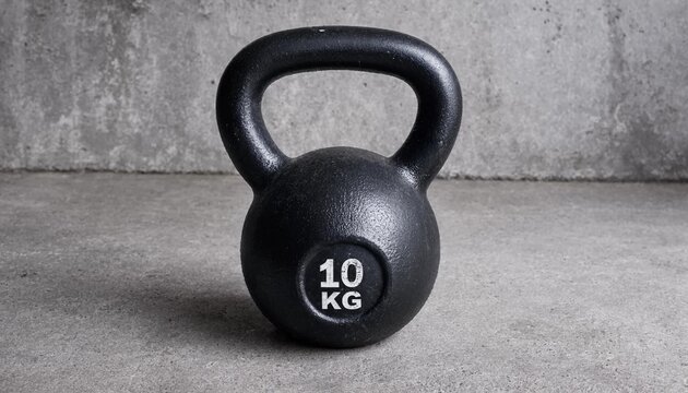 A heavy black ten kilogram cast iron kettlebell resting on a concrete floor