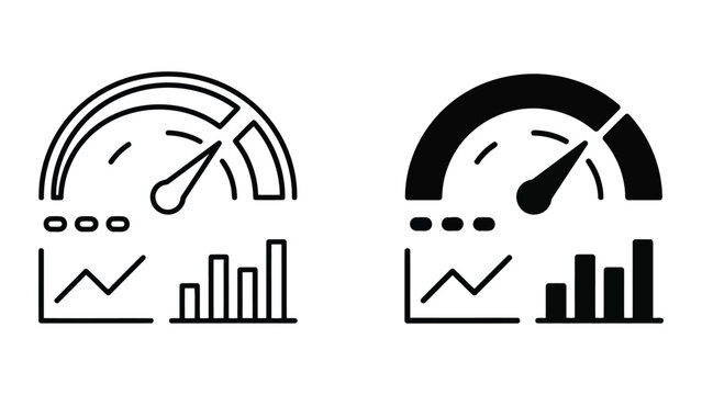 Speedometer and bar graph outline and solid fill icons symbolizing performance metrics and data analysis