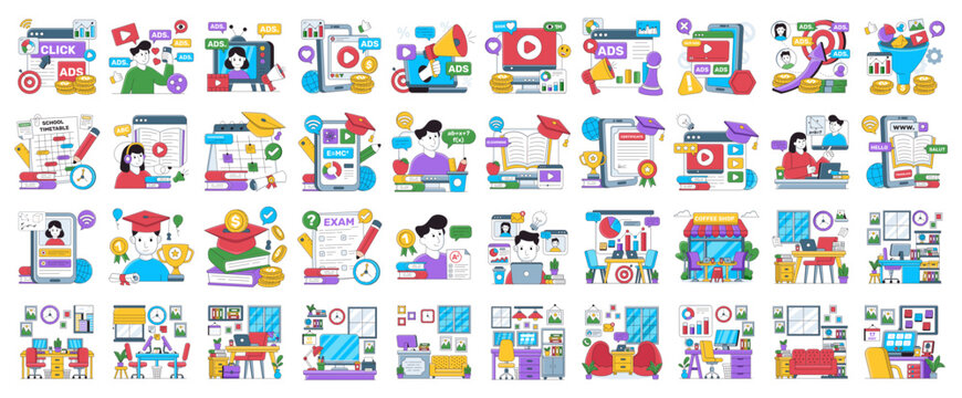 Advertisement, Education and Remote Officework editable illustrations set isolated on white background. Flat style vectors.