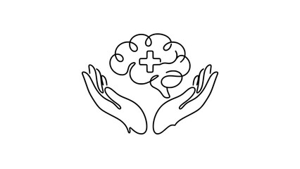 Obraz premium Continuous line drawing of human hands holding a medical brain health icon