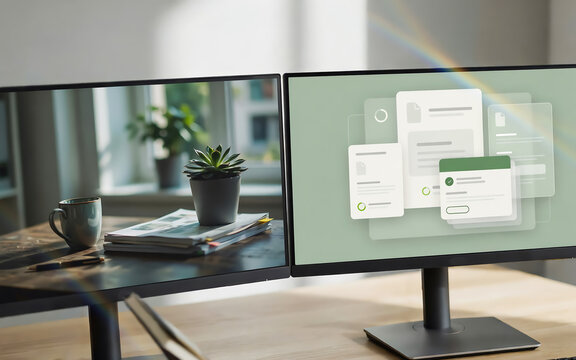 Modern dual monitor workstation setup displaying productivity task management software interface on desk screen