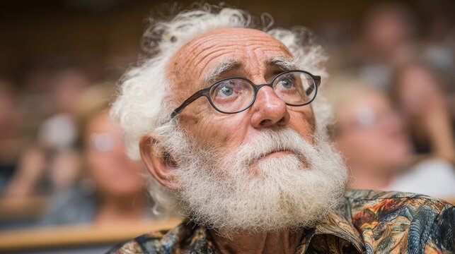 Older man with white beard, curly hair, and glasses looks up thoughtfully. Ideal for concepts of wisdom, curiosity, knowledge, or active listening.