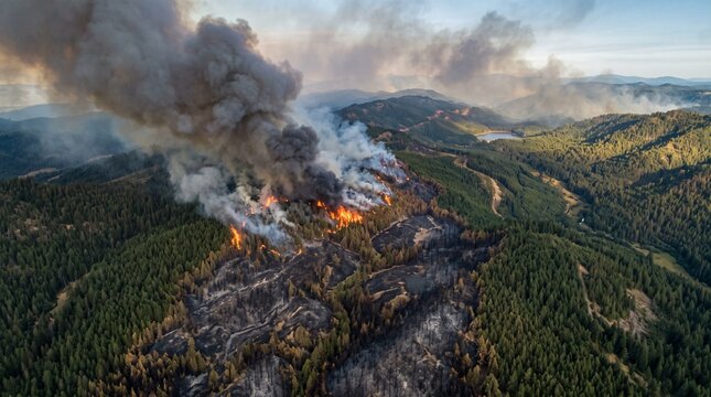 Aerial drone view of a massive wildfire burning a mountain forest leaving charred land and plume of smoke.