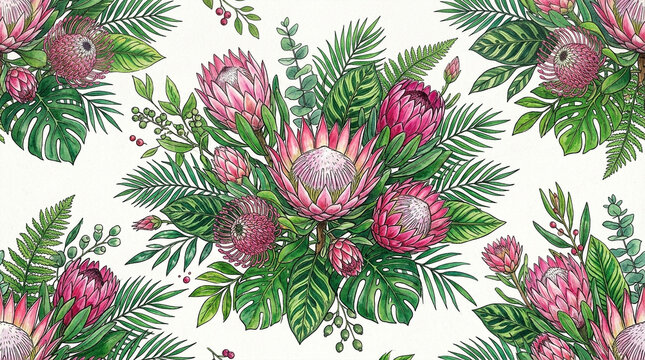 Exotic Protea Flowers and Ferns Seamless Pattern Watercolor Botanical Illustration