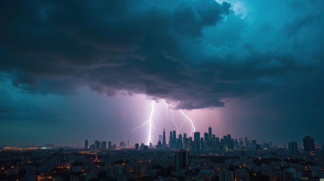 Tormenta acerc&aacute;ndose al horizonte urbano de una metr&oacute;polis moderna