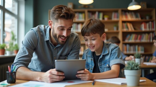 Profesor joven y moderno ayudando a un estudiante con una tableta digital