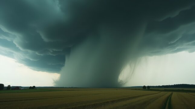 Tornado violento form&aacute;ndose sobre un campo agr&iacute;cola abierto; una gran nube en embudo toca el suelo